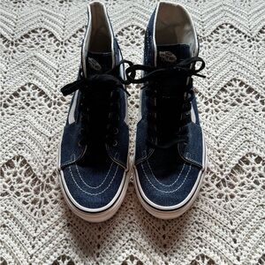 Vans High Top Denim Blue Sneakers Great Condition Black Mushroom Embroidery